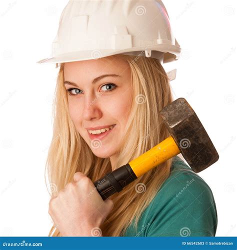 Woman With Constructor Helmet And Hammer Happy To Do Tough Work Stock