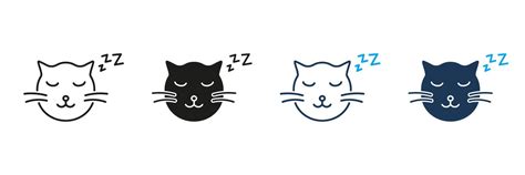 Sleeping Cat Face with ZZZ Line and Silhouette Icon Set. Peaceful Pet