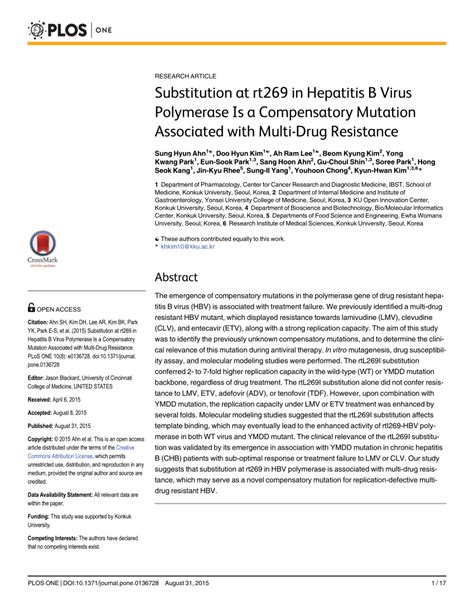 PDF Substitution At Rt269 In Hepatitis B Virus Polymerase Is A