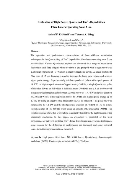 PDF Evaluation Of High Power Q Switched Tm3 Doped Silica Fibre