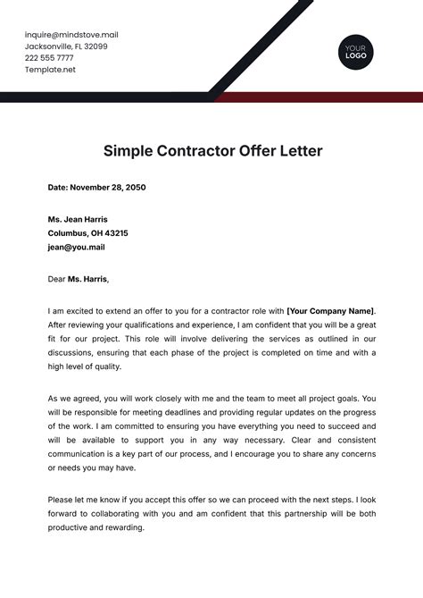 Free Simple Contractor Offer Letter Template to Edit Online