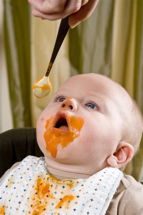 Messy Baby Wearing Bib After Eating Solid Food Stock Image Image Of