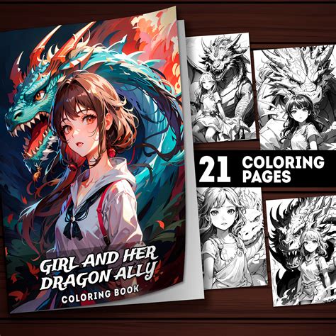 21 Girl and Ally Dragon Coloring Pages, Dragon Coloring Book Adults
