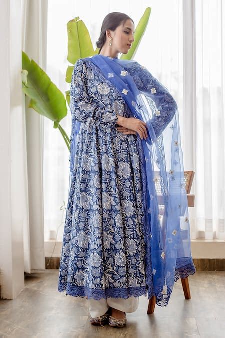 Buy Blue Cotton Printed Floral Round Anarkali Set For Women By Gulabo