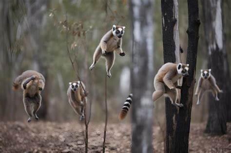 Premium Ai Image A Group Of Playful Lemurs Swinging And Jumping In The Trees