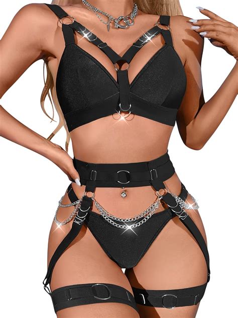 Amazon Popiv Women S Strappy Lingerie Set With Chain Garter Belts