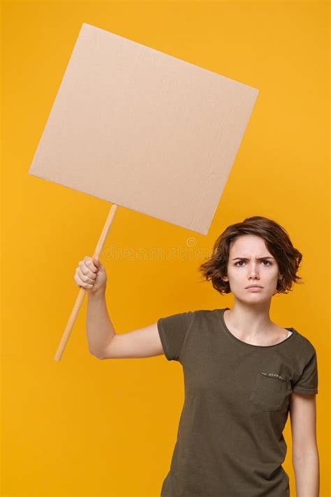 Displeased Young Protesting Woman Girl Hold In Hand Protest Sign