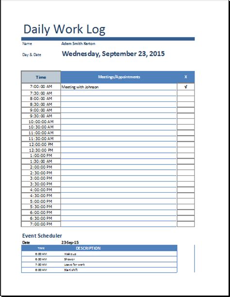 Daily Log Template Excel Printable Schedule Template