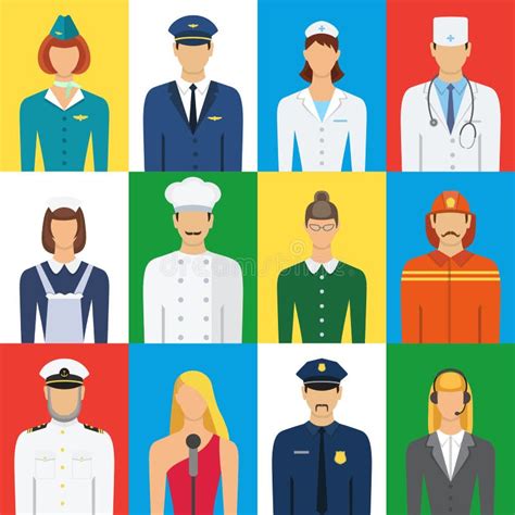 Set Of Colorful Profession People Flat Style Icons Vector Illust Stock