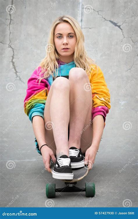 Girl Sitting On Skateboard Stock Photo Image Of Person 57427930