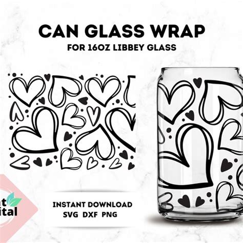 16oz Hearts Pattern Libbey Glass Can Svg Glass Can Wrap Svg Etsy