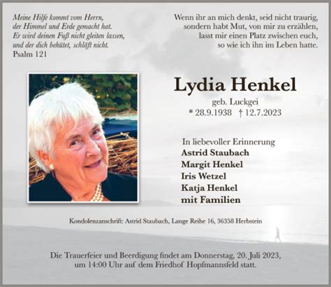 Traueranzeigen Von Lydia Henkel Vrm Trauer De