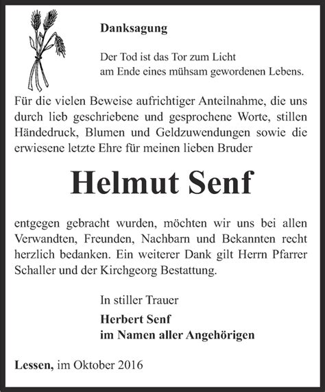 Traueranzeigen Von Helmut Senf Trauer In Thueringen De