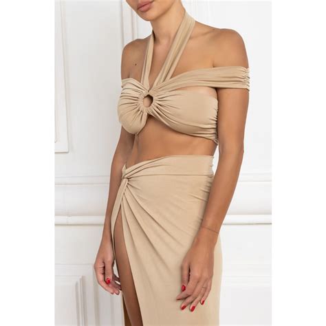 Nude Halter Neck Bandeau High Slit Skirt Set Clich Reborn Wolf