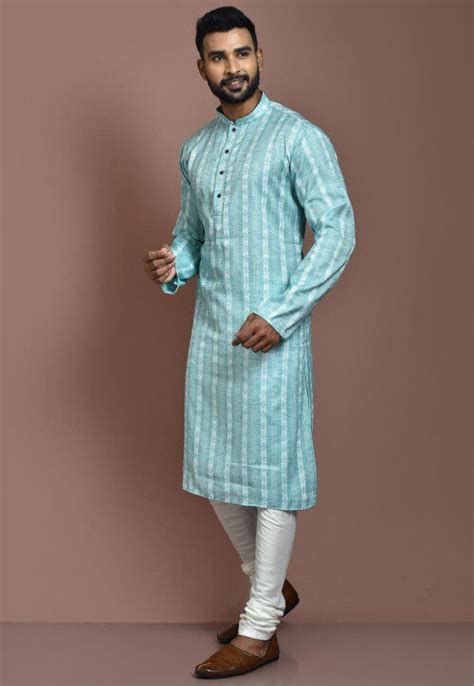 Woven Cotton Jacquard Kurta Set In Sky Blue MAM348