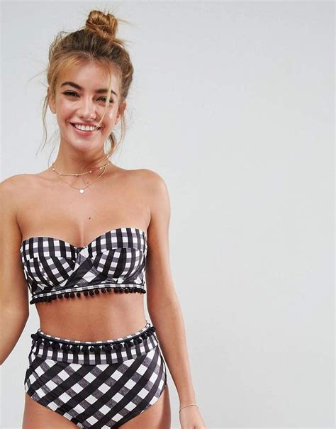 Asos Design Mix And Match Mixed Gingham Pom Pom Longline Bandeau Bikini