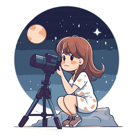 Una niña linda mirando a través de un telescopio Ilustración de dibujos