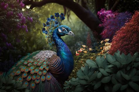 A Peacock Is Standing In A Garden Of Flowers And Trees Stock Illustration Illustration Of