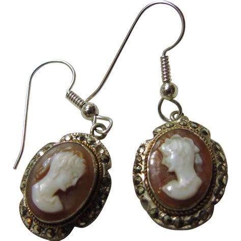 Shell Cameo In Sterling Silver Earrings With Marcasite Accents Silver