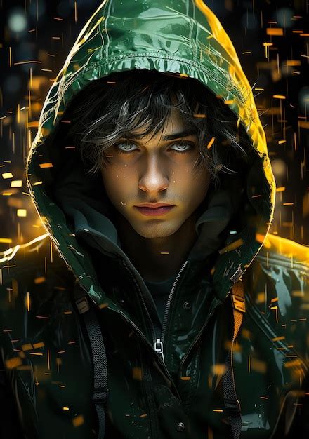 Premium Photo Young Man In Green Hoodie Stares At The Camera With