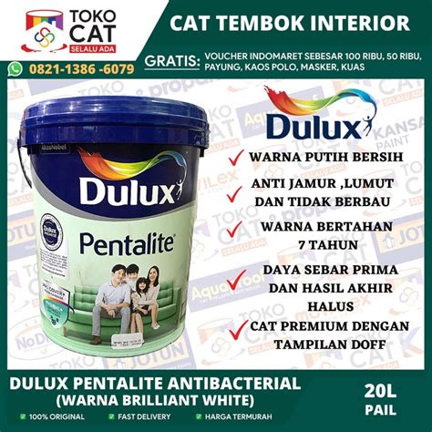 Jual CAT TEMBOK DULUX PENTALITE ANTIBAC WARNA BRILLIANT WHITE 20L PAIL