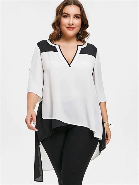 Buy Gamiss Plus Size Two Tone Asymmetric High Low Blouse Women Blouses Shirts V