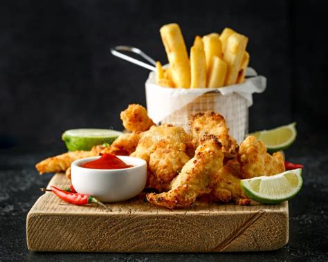 Buttermilk Chicken Nuggets Served on Wooden Board with Potato Chips ...