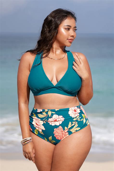 Crystal Teal V Neck Bralette Shirred High Waist Bikini Set