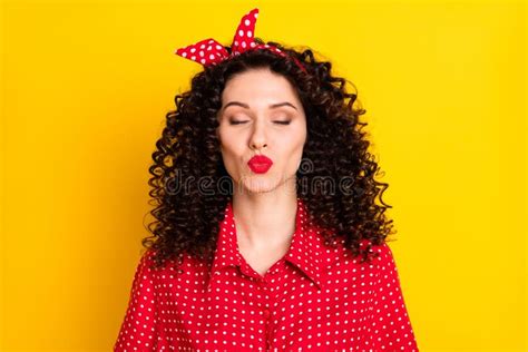 Portrait Of Nice Optimistic Brunette Curly Hair Lady Blow Kiss Close