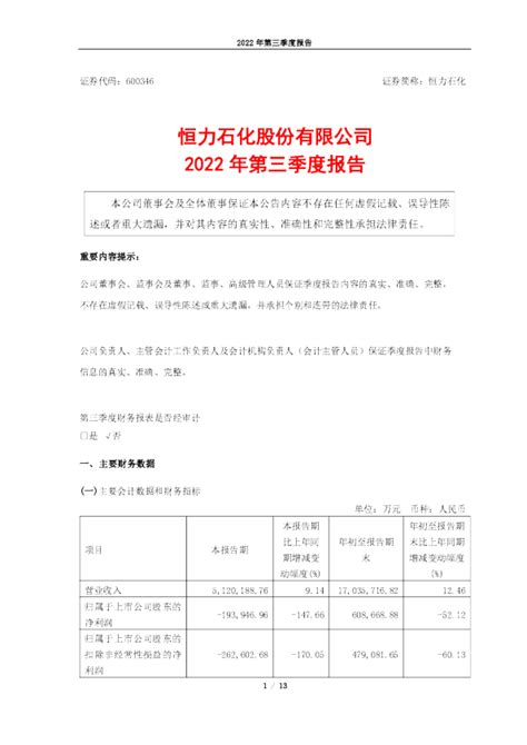 恒力石化：恒力石化2022年第三季度报告