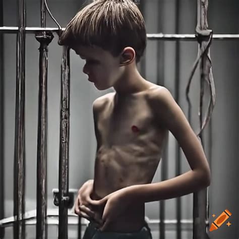 Skinny Distressed Boy In Jail Hanging From Bars