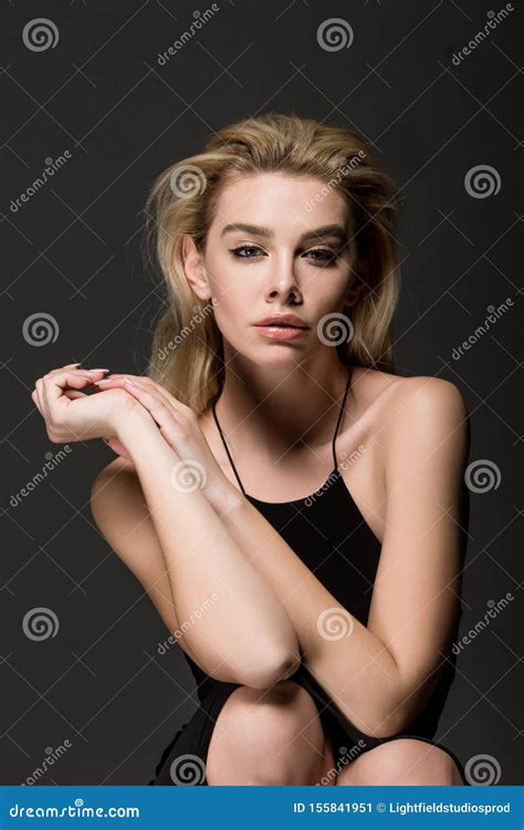 Attractive Blonde Girl In Black Dress Posing Isolated Stock Image Image Of Elegant Caucasian