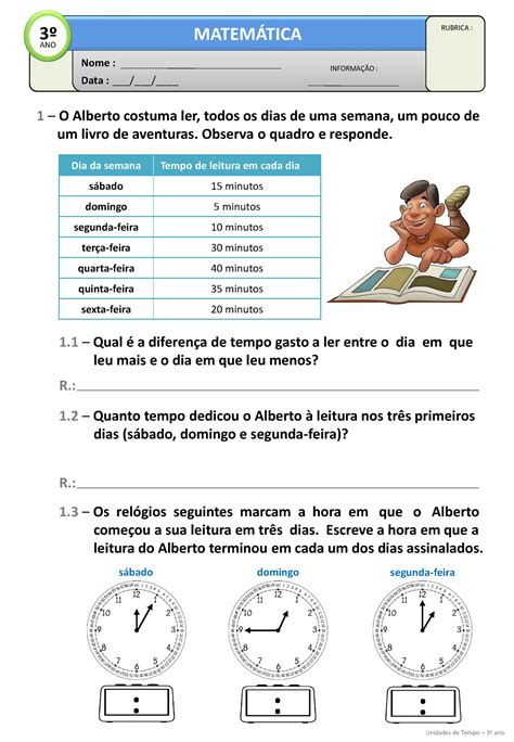 1 Unidades De Tempo 11 Data Nome InformaÇÃo MatemÁtica Rubrica 3º Ano 1 O