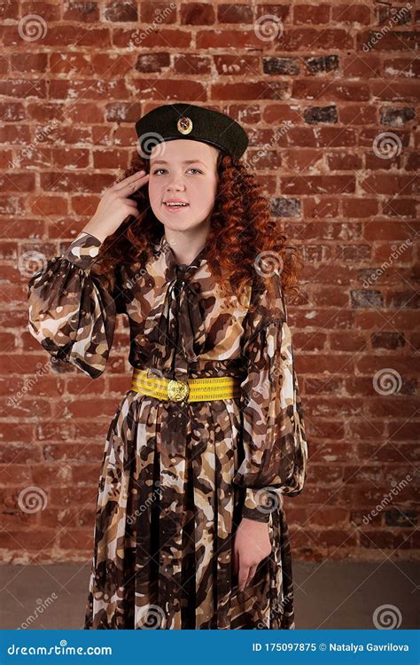 Beautiful Red Haired Girl In A Military Dress Stock Image Image Of