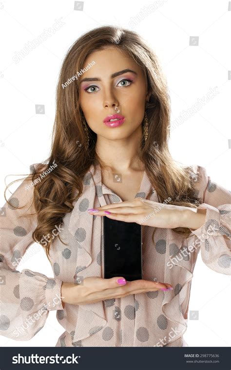 Sexy Brunette Showing Smart Phone Isolated Stock Photo 298775636 Shutterstock