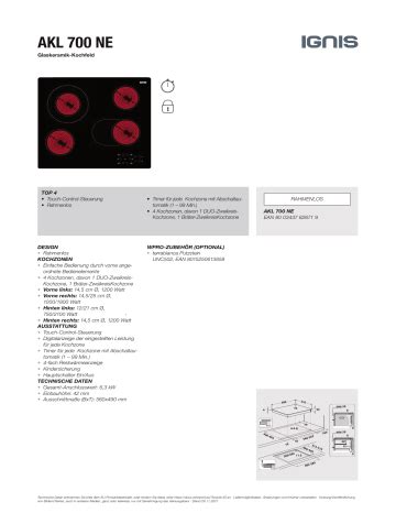 Ignis AKL 700 NE Hob Produktdatenblatt Manualzz