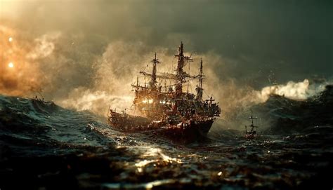 Premium Photo | A ship sailing on the waves in the night sea