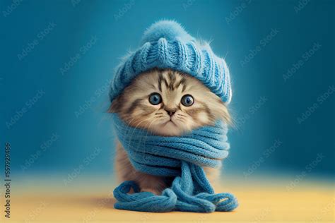 Cute kitten wearing a scarf and warm hat. Generative Ai Stock ...