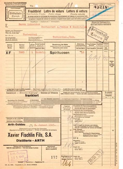 Frachtbrief Xavier Fischlin Distillerie Arth Goldau 1945 Kaufen Auf