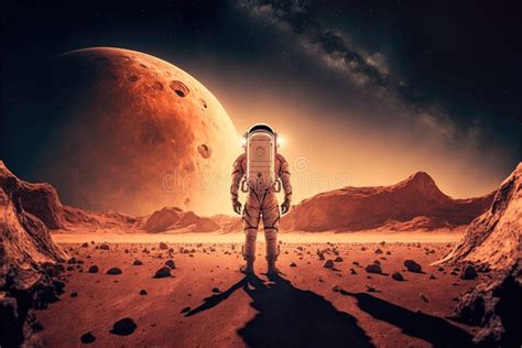 Astronaut Exploring Planet Mars With Mountains Created Using