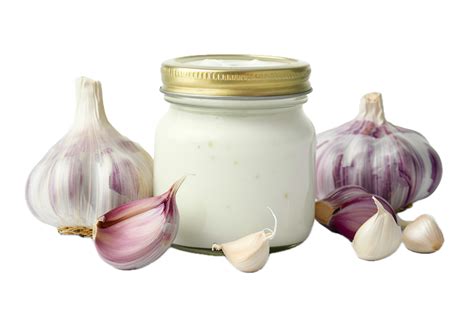 Ai Generated Garlic Aioli Sauce In Glass Jar With Garlic Bulbs Png