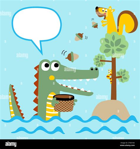 Vector Cartoon Of Squirrels On Tree Give Oak Nuts To Crocodile In Water