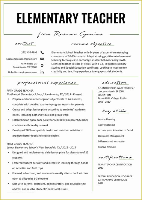 Teacher Resume Template Free Of Elementary Teacher Resume Samples & Writing Guide ...