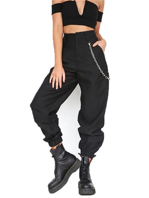 Aunavey Women Punk Casual Work Trousers High Waist Cargo Pants Side