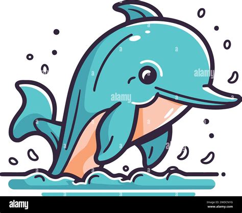 Cute Cartoon Dolphin Jumping Out Of The Water Vector Illustration