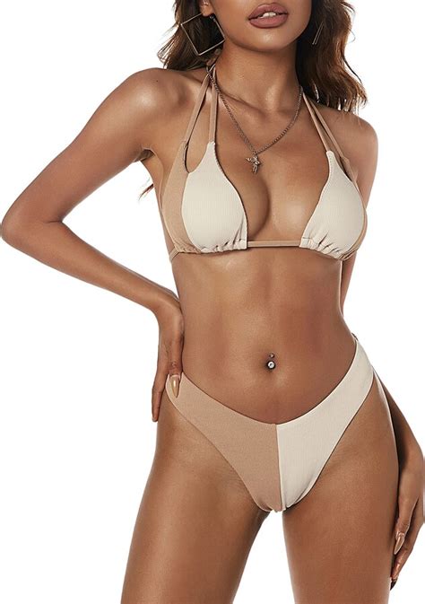 Zaful Womens Ribbed Halter Bikini Set Two Tone Color Block Swimsuits