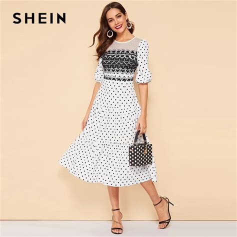 Shein White Mesh Yoke Polka Dot Ruffle Hem Vintage Summer Long Dress