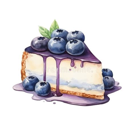 Watercolor Illustration Of Blueberry Cheesecake Isolated On White