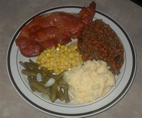 Pork Steak Corn Green Beans Mashed Potatoes And Baked Beans Pork Steak Baked Beans