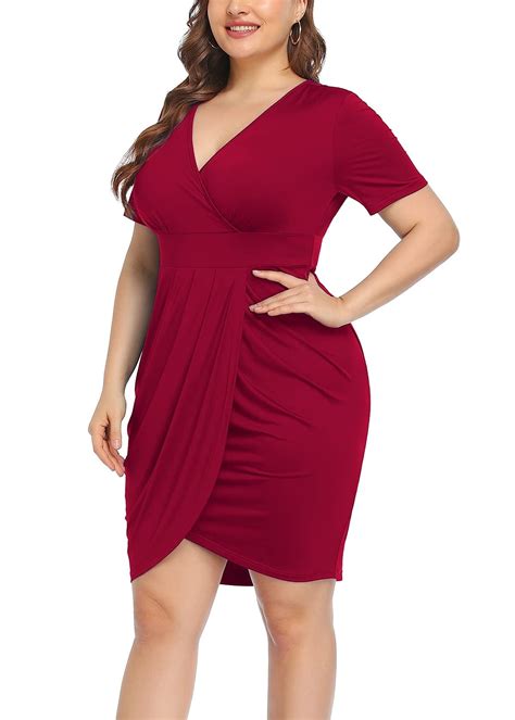 Aiyino Womens Plus Size Short Sleeve Deep V Neck Bodycon Wrap Dress With Front Slit